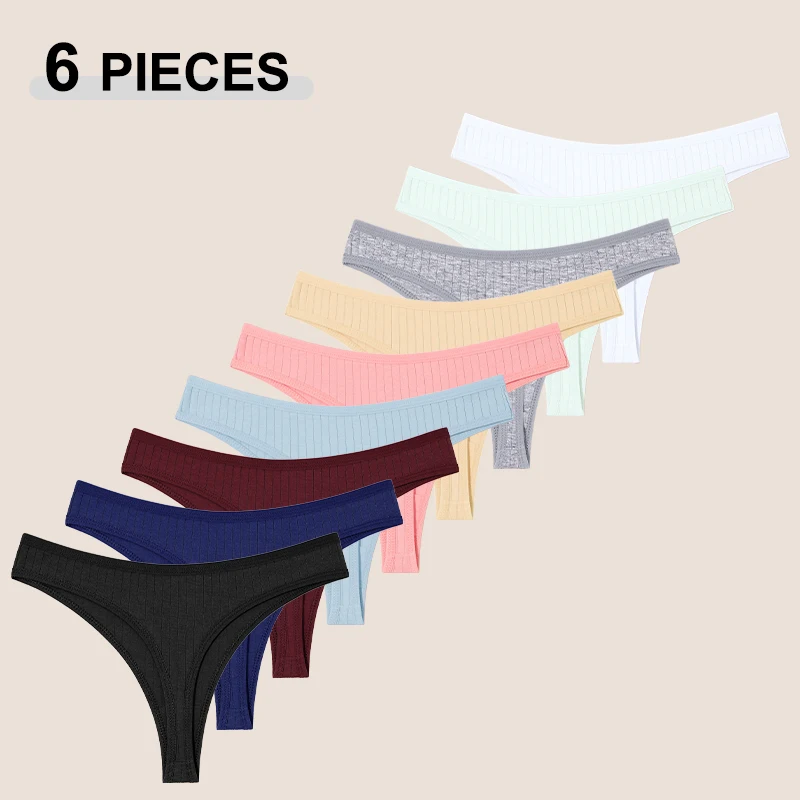 Paquete de 6 Tangas de Algodón para Mujer, Bragas de Tiro Bajo con Estampado de Canalé, Tanga Sexy para Mujer, Bikini de Color Sólido, Ropa Interior Suave, Tallas S-XL