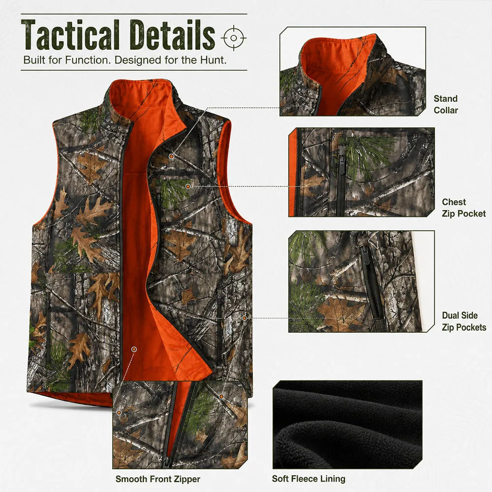 Men’s Winter Tactical Hunting Vest Reversible Thickened Warm Fleece Sleeveless Jacket Waterproof Outerwear Jacket for Hunting