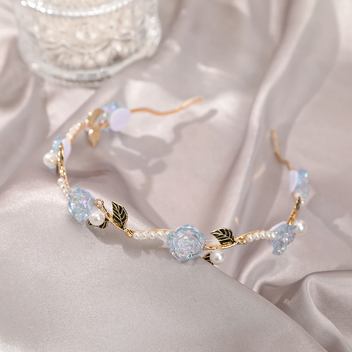 Resin Rose Green Leaf Headband Blue Flower Hair Hoops Bezel Headband Women Elegant  Pearl Fashion Hair Accessories Headwear