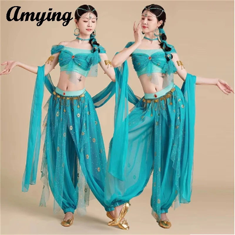 

Women Clothing Chinese Dunhuang Flying Dance Costume Indian Belly Dance Suit Jasmine Princess Cosplay Performance Costume Set