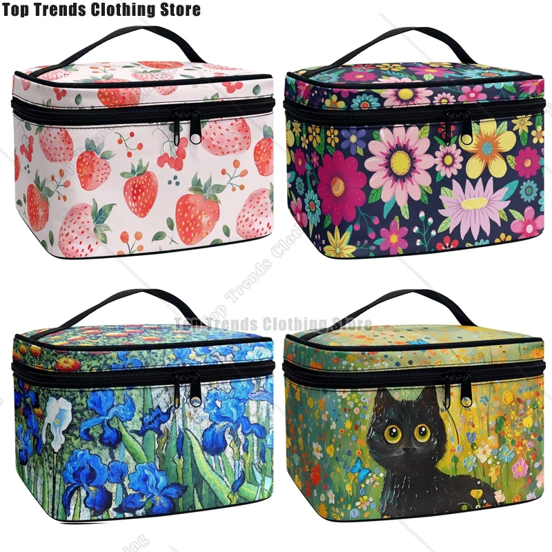 Travel Makeup Organizer Strawberry Flower Printed Toiletry Bag for Girls Large Capacity Brush Holder Portable Cosmetic Pouch