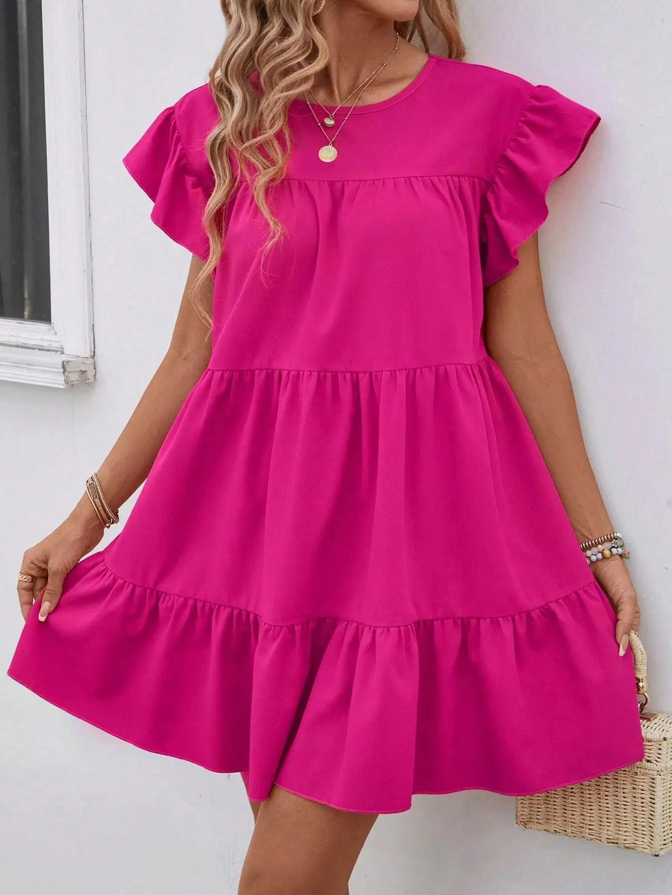 Women Summer Solid Color Round Neck Loose Ruffle Trim Babydoll Dress Beach Vacation Outfit