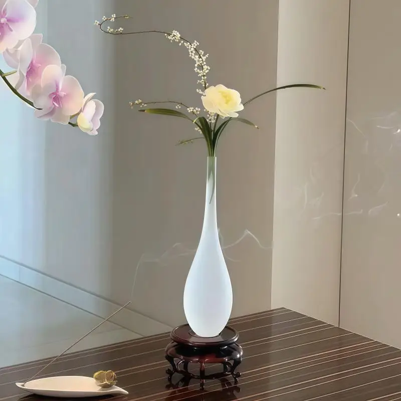 Frosted White Drop Shaped Glass Slim Neck Vase Modern Minimalist Flower Vase For Home Living Room Tabletop Wedding Decor