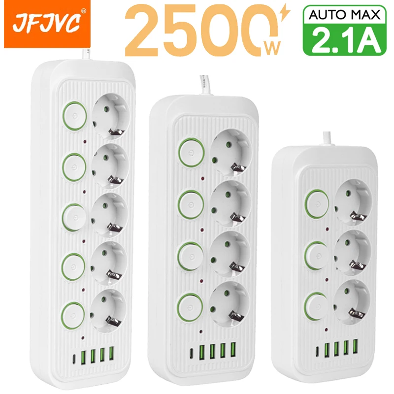 EU Plug Multiple Sockets AC Outlets Power Strip Extension Cable With USB Ports Surge Protector Network Filter Individual Switch