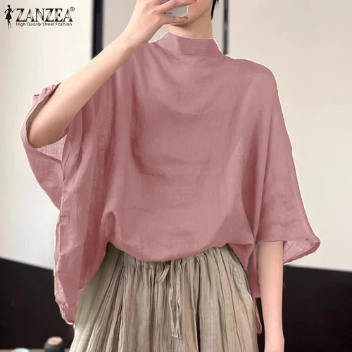 Imagen 2 del producto ZANZEA, blusa de media manga de murciélago para mujer, Tops asimétricos de otoño, Túnica fina con cuello levantado, Tops informales sueltos transparentes de gran tamaño