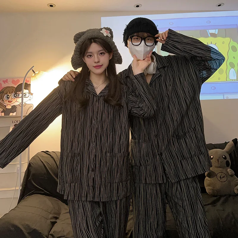 

Female Cotton Long-sleeved Men's Striped Two-piece Suit Homewear Nightgown Korean Version of The Ins Peter Rabbit Couple Pajamas