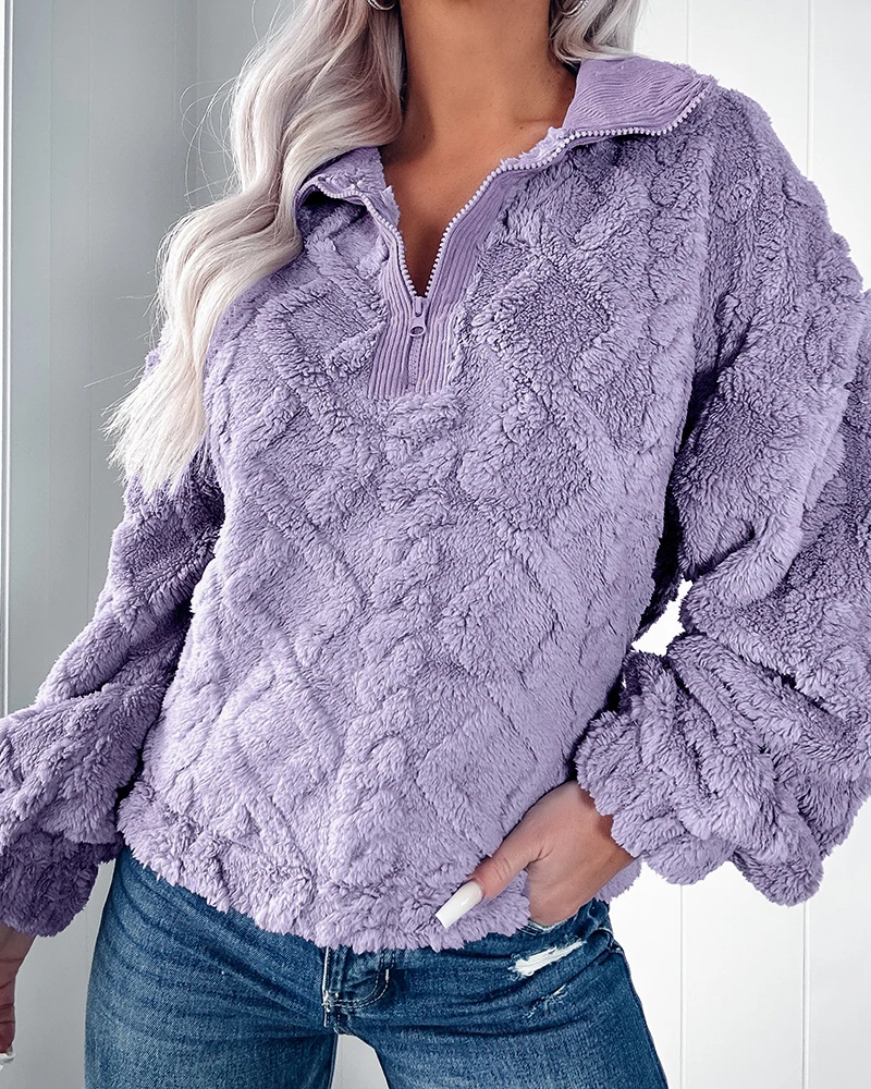 Winter Coat Female Casual Purple Collar Zipper Collar Plush Warm Coat Coral Fleece and Thick Plush Warm Casual Home Jacket