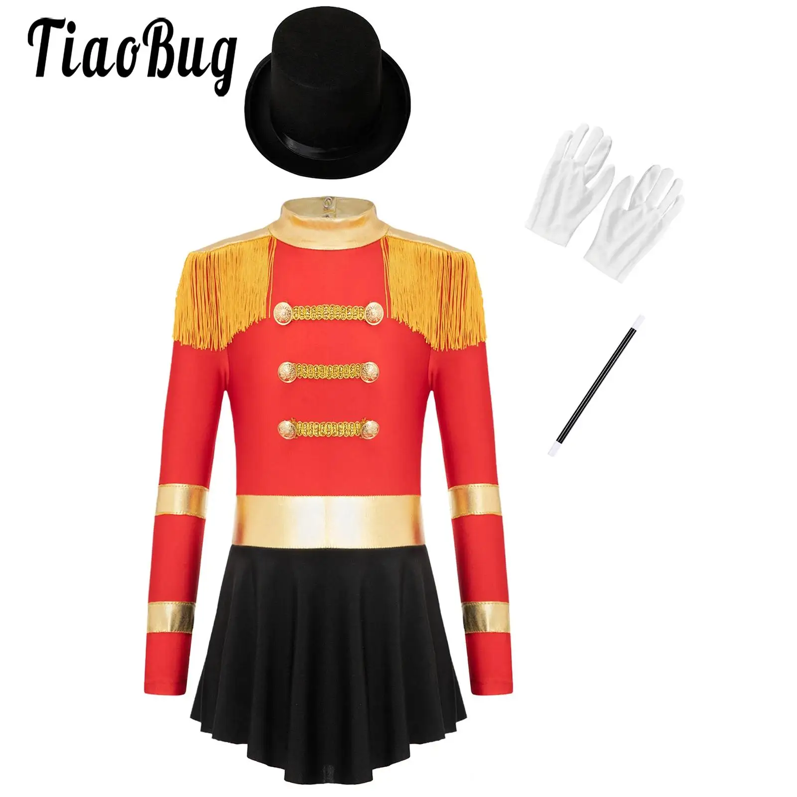 

Kids Girls Circus Magician Costume Halloween Dress Up Long Sleeve Fringe Epaulet Jumpsuit Dress Hat Gloves and Magician Wand Set