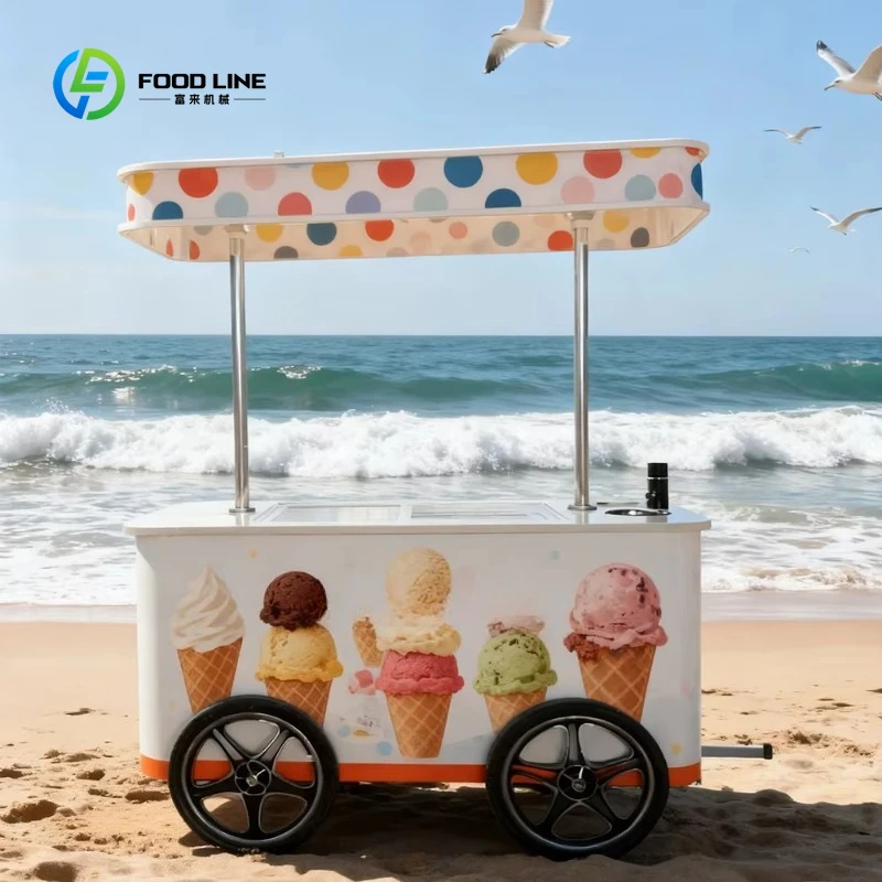 Customized Flower Trolley Freezer Cabinet Mobile Ice Cream Fast Food Cart Resistant Galvanized 4-Wheel Towable Outdoor Street