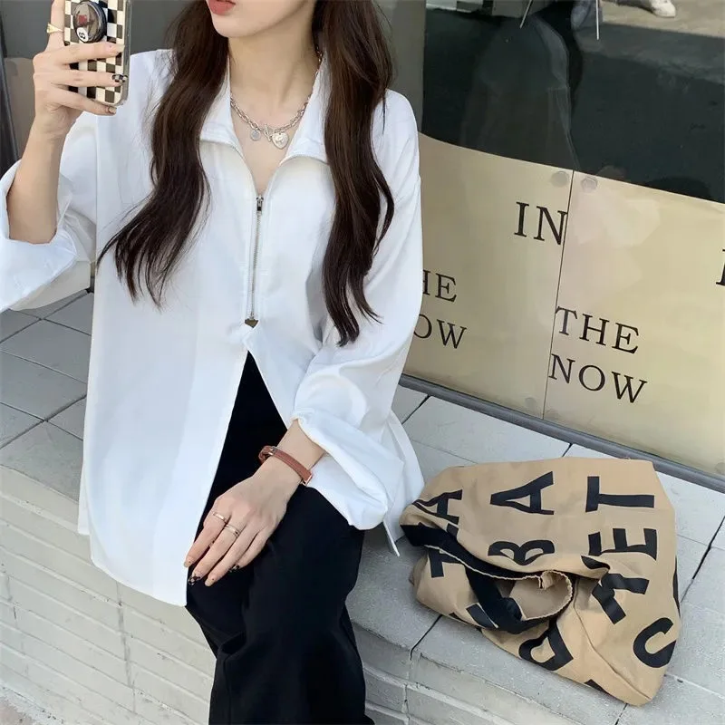 

Girl Women Spring And Summer Korean Style Solid Comfy Zipper Shirt Tops Clothing For Elegant Life