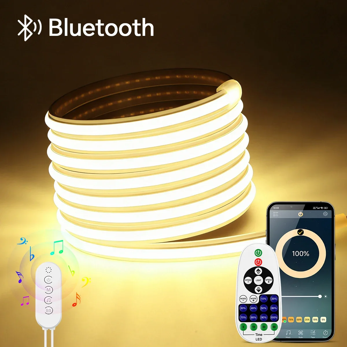 

Светодиодная неоновая лента COB 10м/5м/3м/2м с управлением через Bluetooth-приложение и радиочастотным контроллером, 24В, высокая яркость, в прочной силиконовой гелевой трубке, для освещения кухни