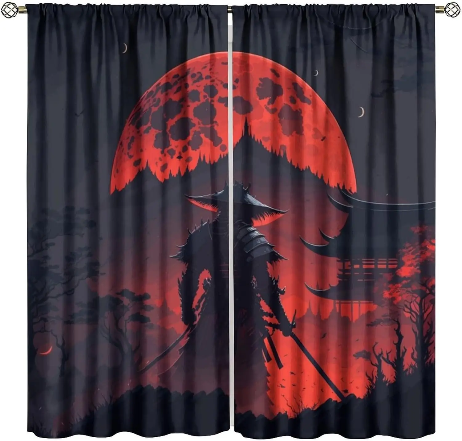 Japanese Samurai Blackout Curtains, Japanese Red Moon Night Samurai Modern Art Style Window Drapes, for Living Room Bedroom