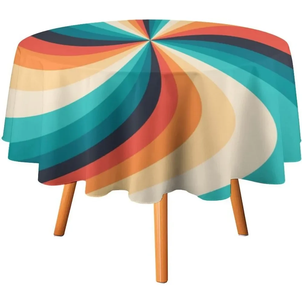 Vintage Groovy Swirl Round Tablecloth 70s Boho Geometric Mid Century Hippie Rotating Stripes Water Resistant Cover