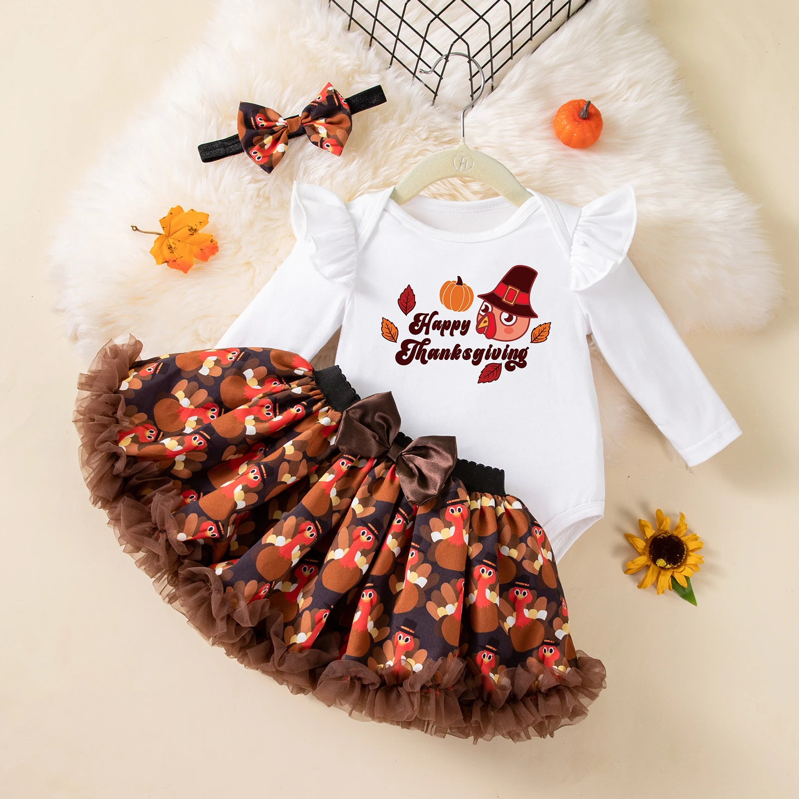 Baby Girl Thanksgiving Outfit 3Pcs Long Sleeve Turkey Print Romper Tutu Skirt Headband Infant Holiday Clothes