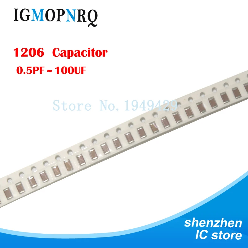 100 sztuk 1206 kondensator ceramiczny 50V SMD grubowarstwowy chip wielowarstwowy 0.5pF-100uF 10NF 100NF 1UF 2.2UF 4.7UF 10UF 1PF 6PF