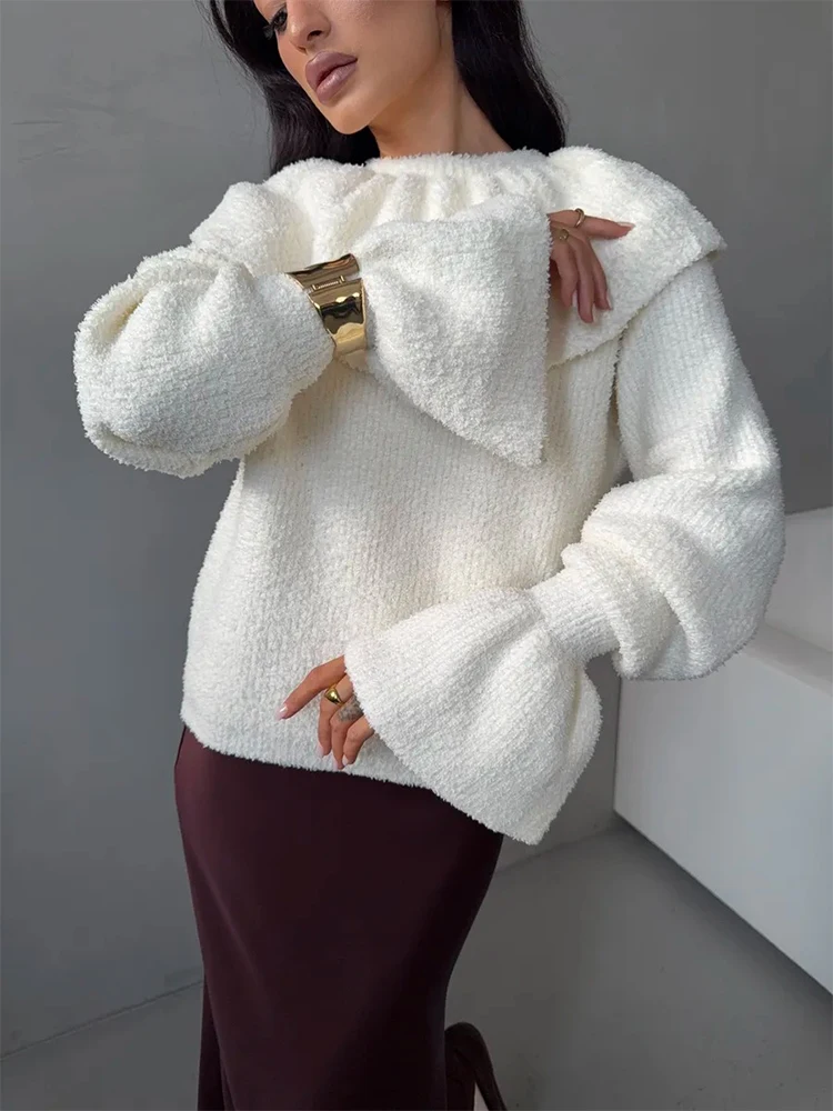 

Элегантный белый свитер с рукавами-колокол для женщин, шикарный однотонный укороченный пуловер с двойным воротником-стойкой, свободный крой, для повседневной носки и офиса