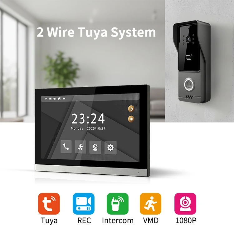 2 Wire Video Intercom System 1080P WiFi Tuya Smart Video Doorbell with 10 Inch Touch Screen Monitor
