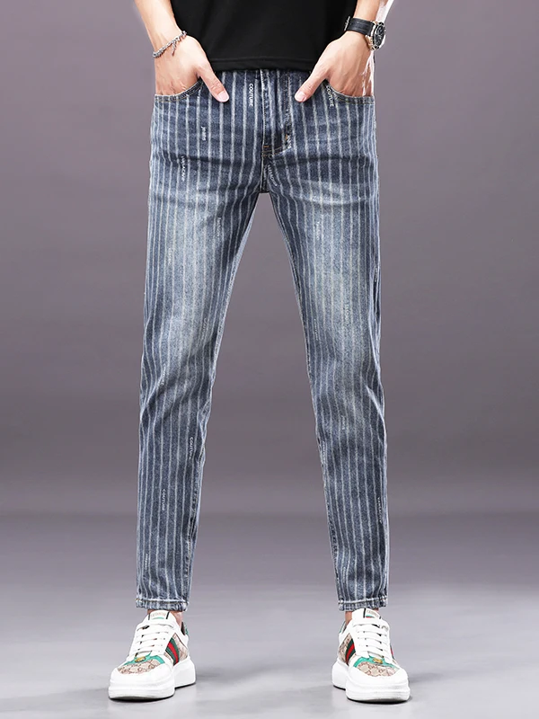 

High-End Printed Slim Fit Men's Jeans Summer Thin Cotton Stretch Casual Nine-Piece Pants Elastic Comfortable Youth Trend