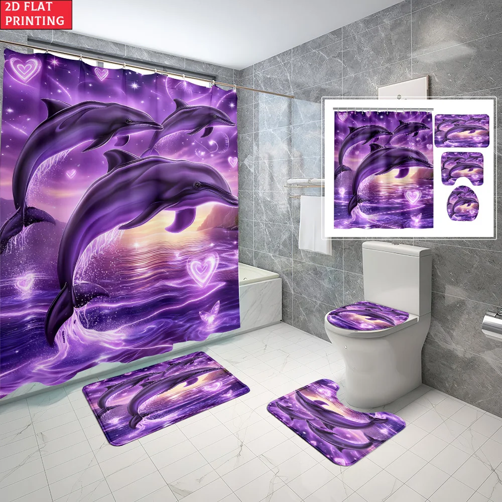 

1pc/4pcs Shower Curtain and Bath Mat Set with Purple Dolphins In Ocean With Hearts And Stars Non-Slip Bathroom Decor, 12 hooks