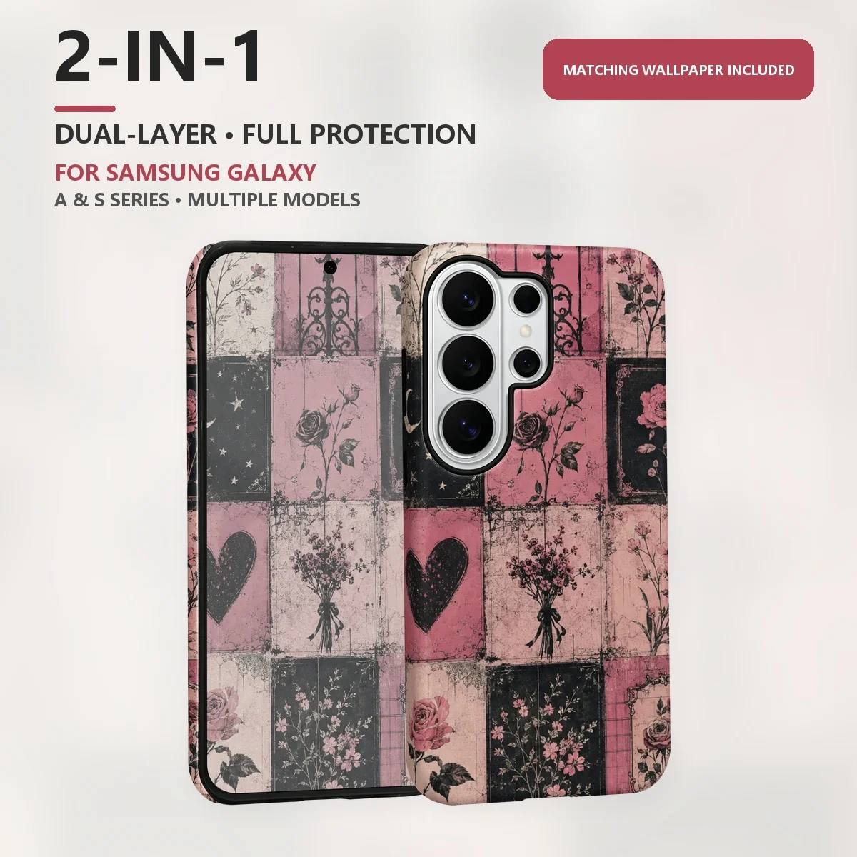 Vintage Floral Patchwork 2-in-1 Dual-Layer Phone Case for Samsung Galaxy S26 S25 S24 Plus Ultra FE S20 FE A56 A17 A16 A15