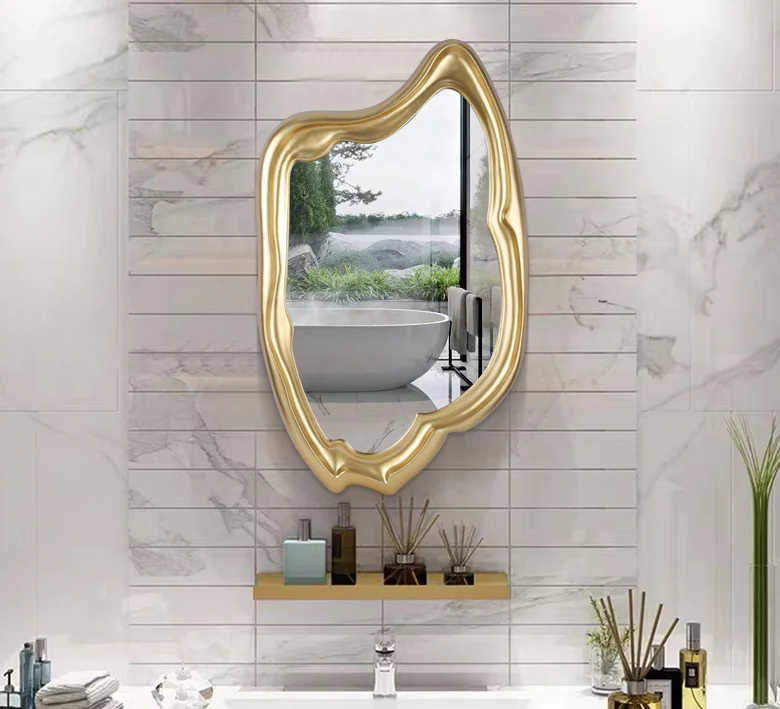 Vintage Gold Wooden Irregular Wall Mirror Luxury Decorative Makeup Mirror For Modern Home Living Room Wall Decor