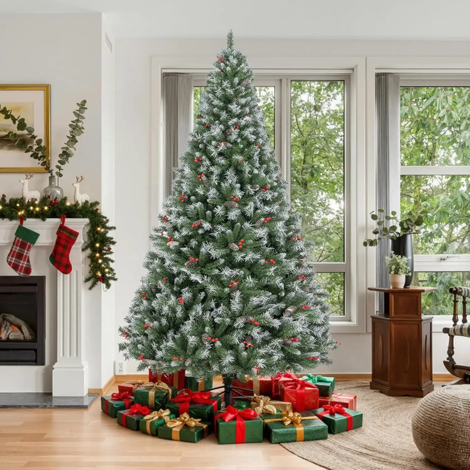 

Искусственная рождественская елка длиной 6,5 футов с сосновыми шишками и ягодами, 876 кончиков ветвей, флокированная, металлическое основание, простая сборка