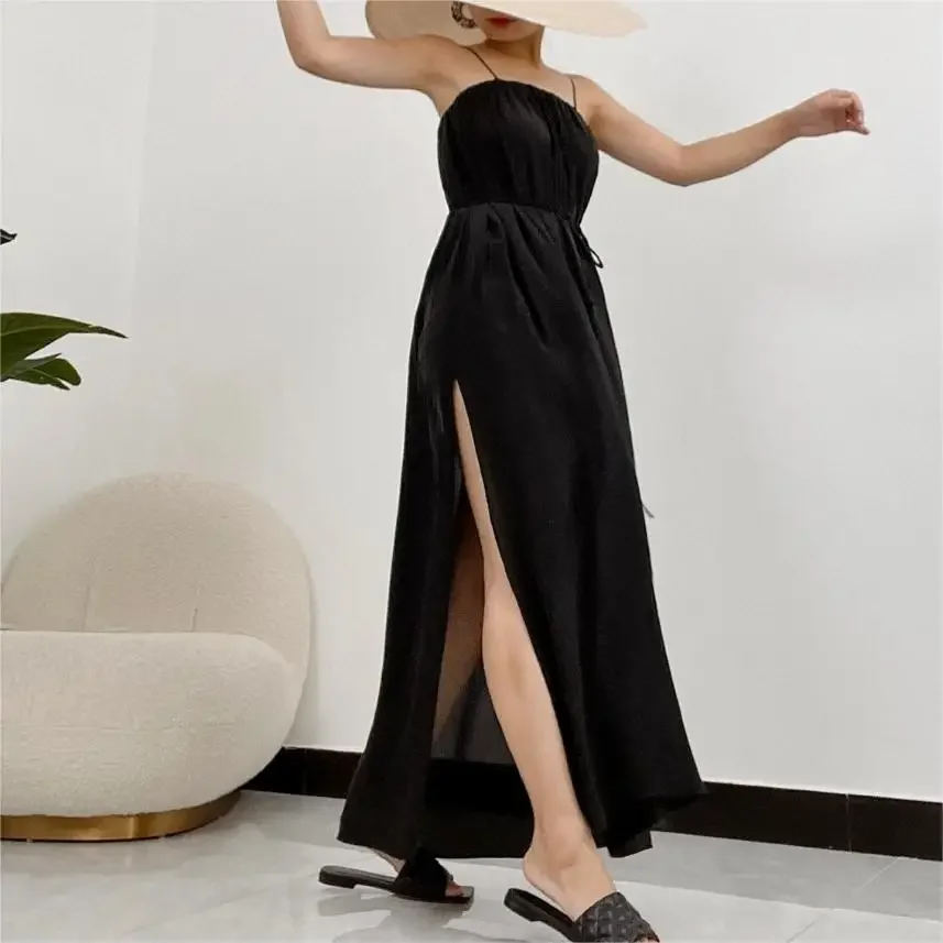 2024 New Spring Summer Silk Black Green Ruffles Sling Camisole Sleeveless Strapless Beach Style Loose Side Slit Maxi Dress