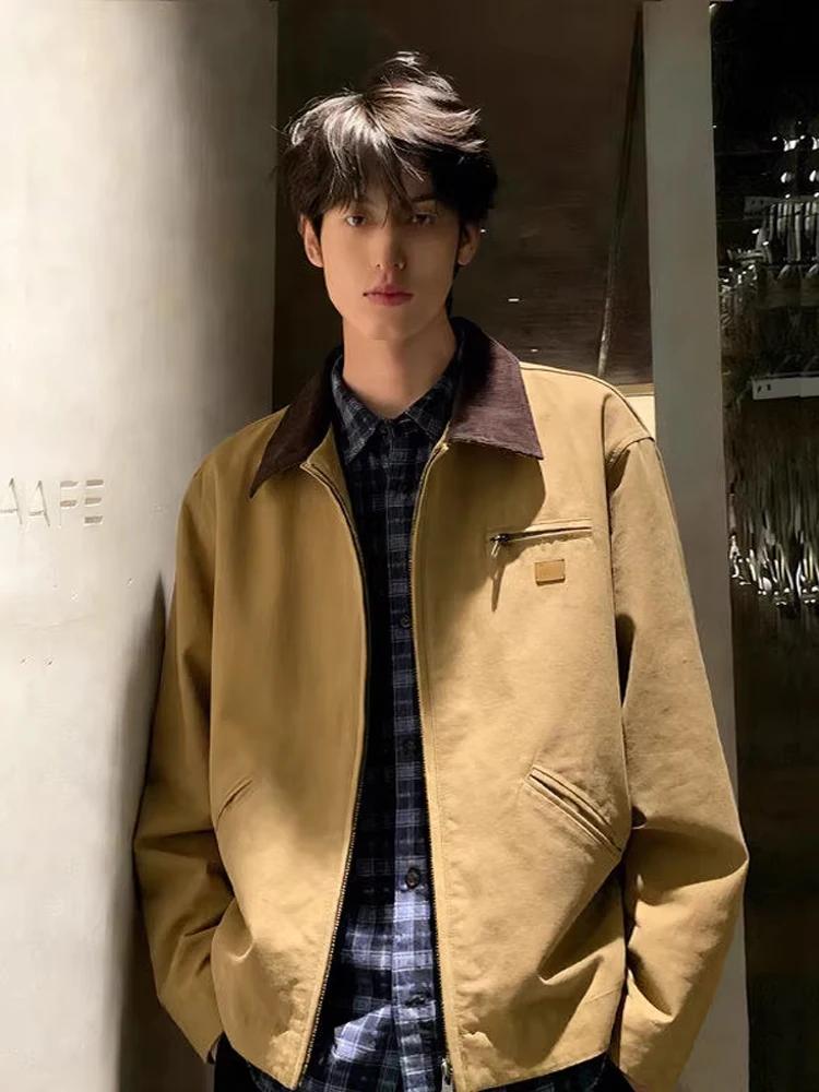 

Ретро-куртка из канваса для мужчин, весенняя, в стиле рабочей одежды, с воротником Detroit, американский винтаж, свободный крой, длинный рукав, на молнии, с декоративными элементами