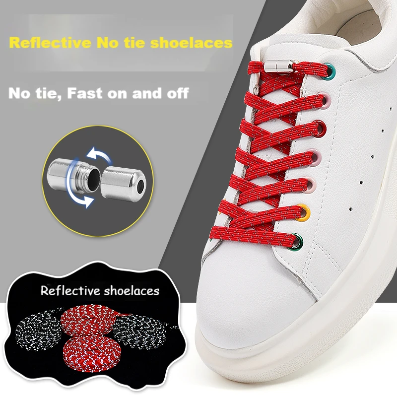 1Pair Reflective Elastic Shoelaces Without Ties for Sneakers No Tie Shoe Laces Kids Adult Quick Flat Shoe Lace Rubber Shoestring