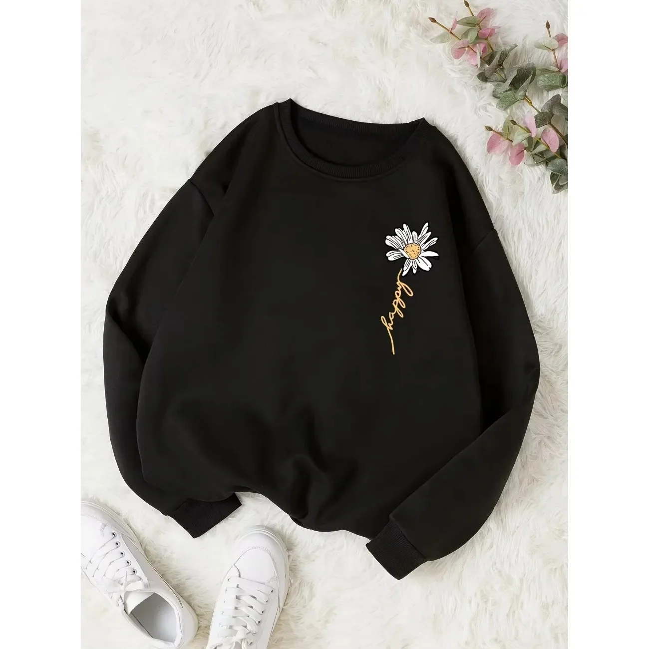 240g Thick Hoodie Cozy Floral Print Crewneck Sweatshirt for Women Soft Long Sleeve Pullover with Daisy Embroidery and