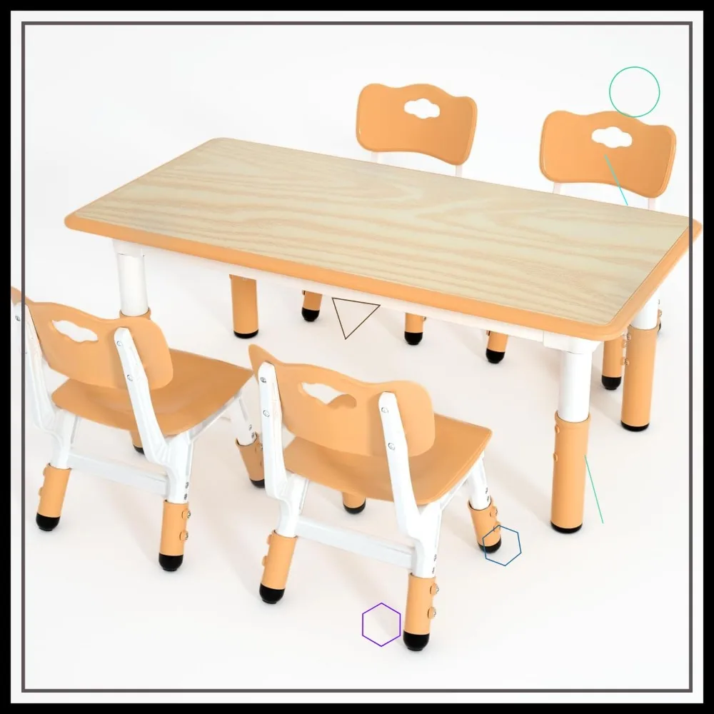 Adjustable Kids Table and 4 Chairs Set with Wipe-Clean Desktop for Home and Classroom Use