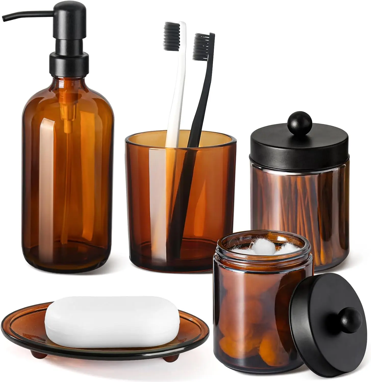 

5-Piece Amber Glass Bathroom Set with Soap Dispenser, Toothbrush Holder, and Labels for Rustic Modern Decor