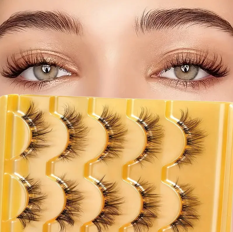 Falsche Wimpern 5 Paar Fox-Eye-Wimpern Katzen-Halbwimpern Natürlicher Schwung D-Curl Falsche Wimpern Natürliche Halbwimpern Kurze, zarte Wimpern mit transparentem Band 5-Paar-Packung Geeignet für