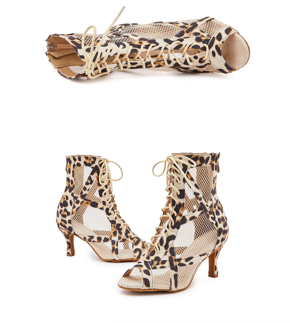 CINMIDY Leopardenmuster Tanzstiefel für Damen, verschleißfeste Tango-Latin-Tanzschuhe, modische sexy hochhackige Wildlederstiefel für Damen – Detail 8