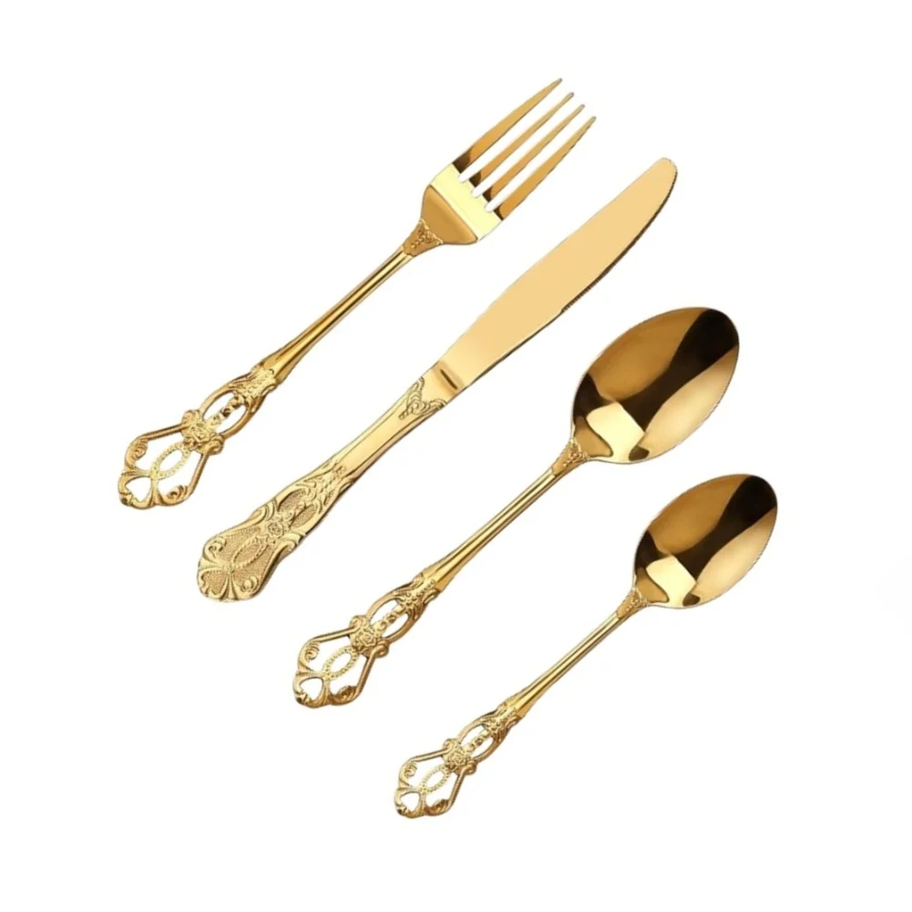 24-Piece Stainless Steel Flatware Set in Vintage Gold Finish for 6 with Baroque Styling for Home Restaurant Use