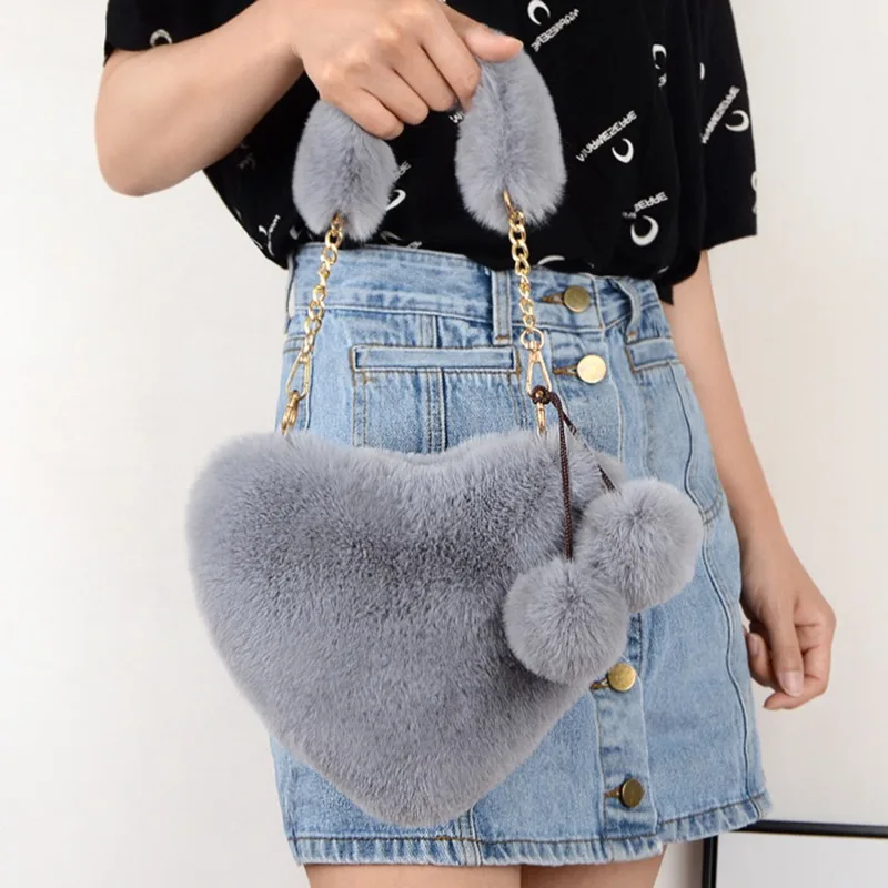 Luxury Faux Fur Heart-shaped Women Small Handbags Fluffy Plush Ladies Chain Shoulder Bag Fashion Female Furry Daily Clutch Purse