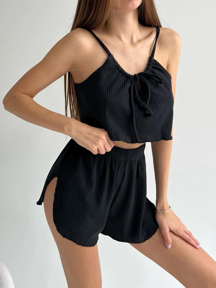 Hiloc Knitwear Shorts Pajamas Suits Women Lace-Up Camis And Wide Legs Shorts Summer 2024 Ladies Homewear Sexy Two Pieces Outfits