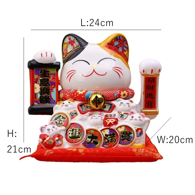 8.2 Inch Ceramic Lucky Cat Ornament Maneki Neko Beckoning Cat with Movable Arm Porcelain Figurine Decoration Statue