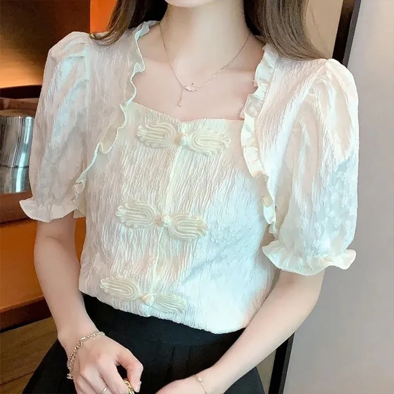 New Chinese Style Retro Unique Waist Cinched Bubble Sleeve Shirt for Women\'s Summer Wooden Ear Edge Square Neck Trendy Shirt Top