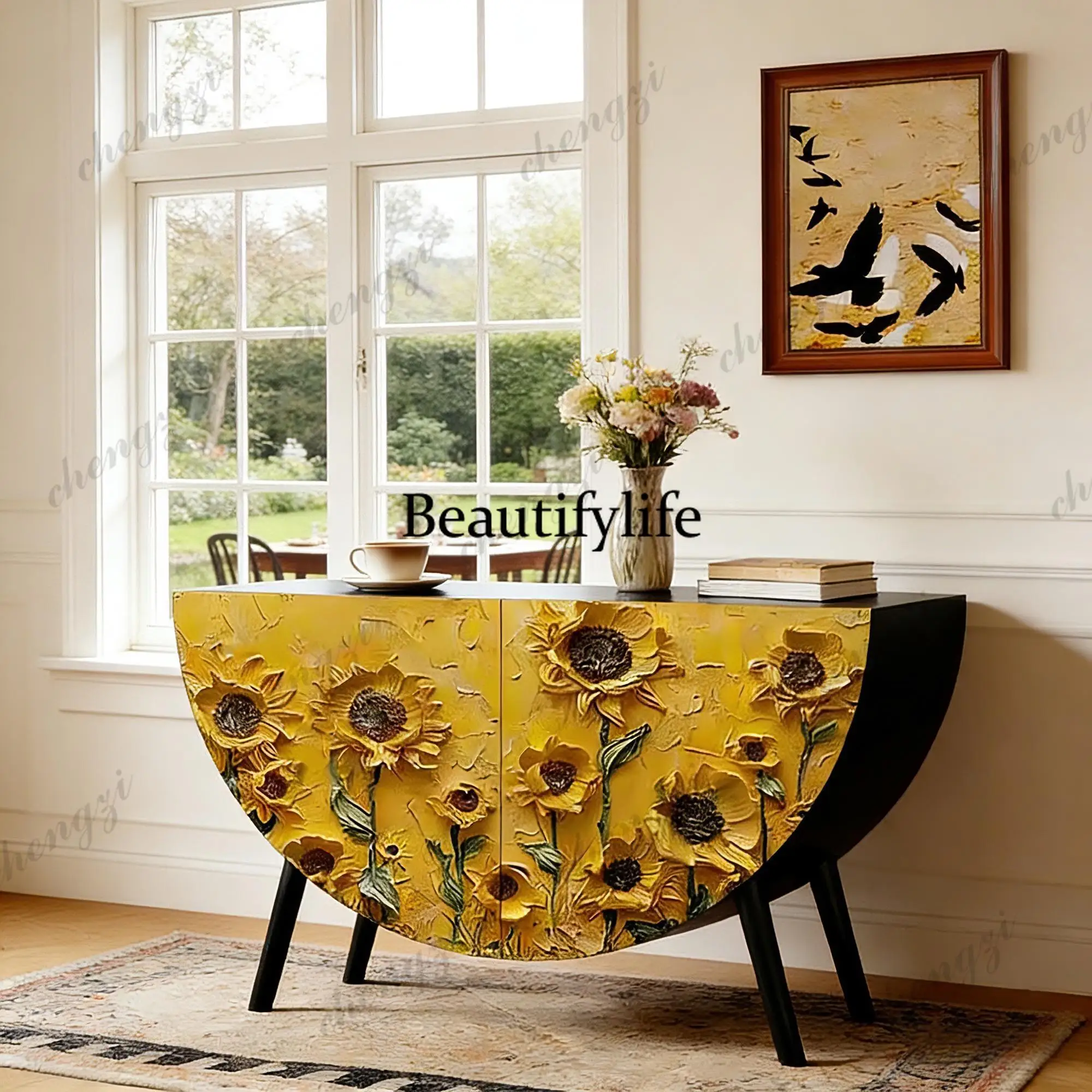 French retro entrance painted sunflower art creative semi-circular cabinet solid wood living room storage