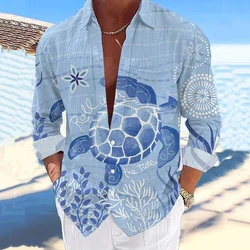 Linen long sleeve men's shirt all over HD print ocean turtle series fish pattern casual and comfortable Hawaiian shirt large siz