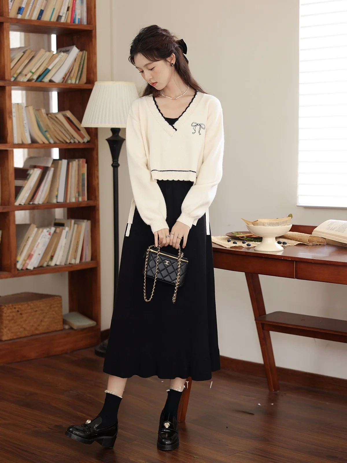 Ele Southern Deer Sli Dr femme nouvelle Faion belle jupe ort Sve col carré fermeture éclair décontracté automne Dr