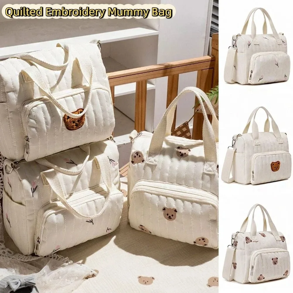 Korean Style Mummy Bag Embroidery Bear Baby Diaper Organizer Baby Care Storage Multi-pocket Quilted Embroidered Shoulder Bag