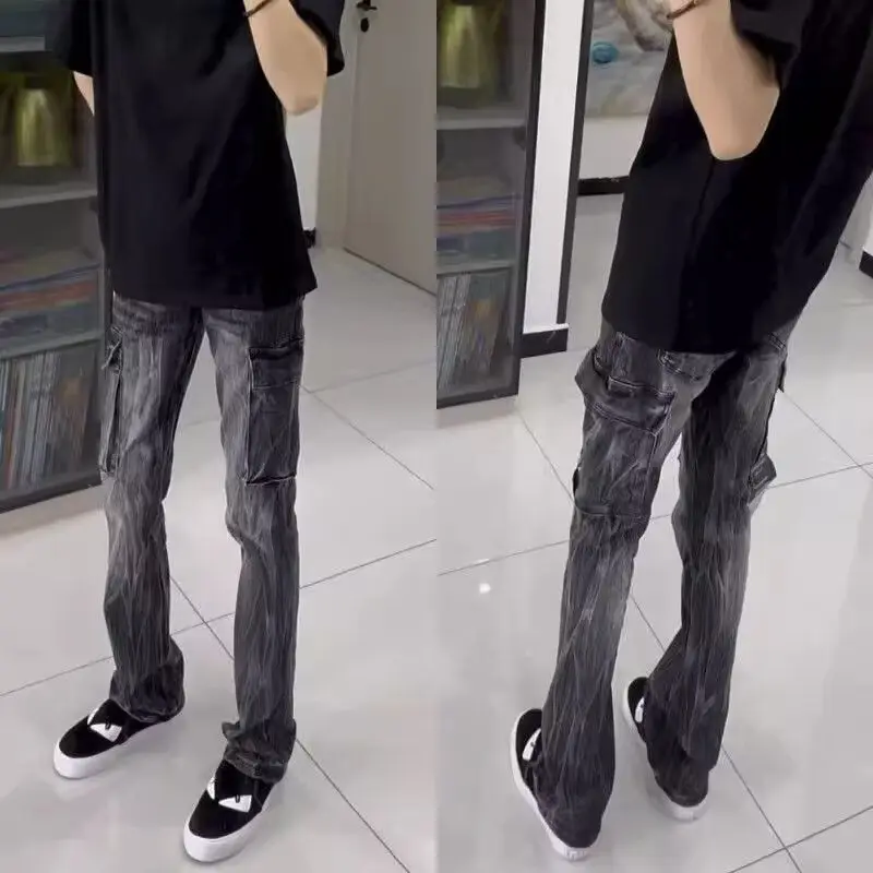 Fashion 2026 Lightning Pattern Men's High Street Design Straight Pants Trendy Brand Retro Wide-leg Trousers Grey Washed Jeans