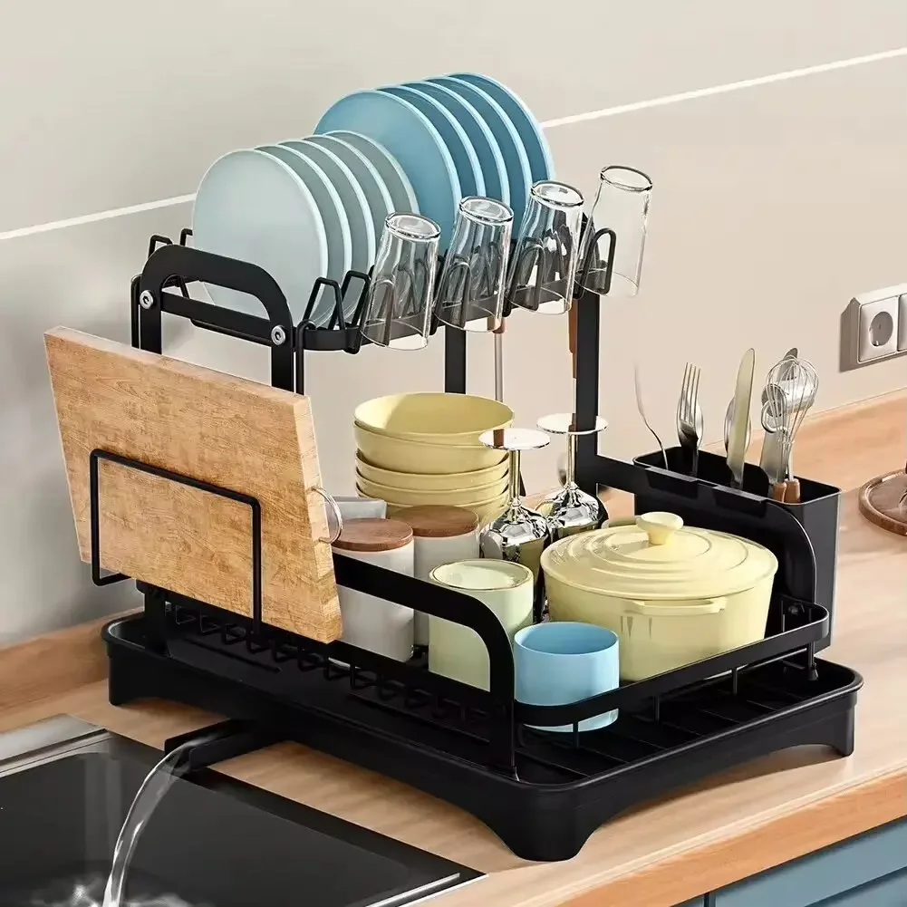 

2 Tier Dish Bowl Drainer Storage Rack Kitchen Dish Drying Rack with Drain Basket Countertop Dinnerware Organizer Drainboard 2025