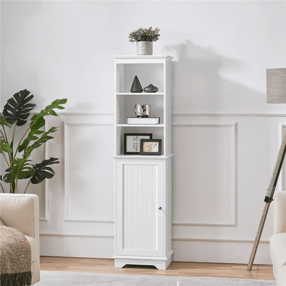 Tall Slim Storage Cabinet with Single Door and Open Shelves for Home Small Space, White