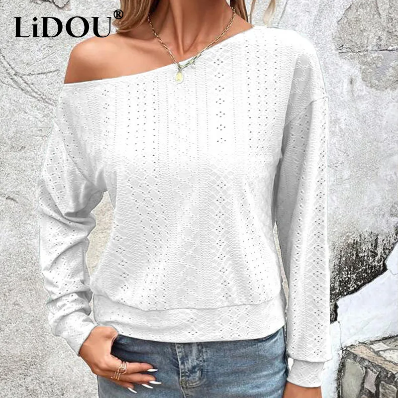 

2023 Spring Autumn Solid Color Fashion Skew Collar Long Sleeve T-shirt Women Casual Loose Off Shoulder Jacquard Weave Pullovers