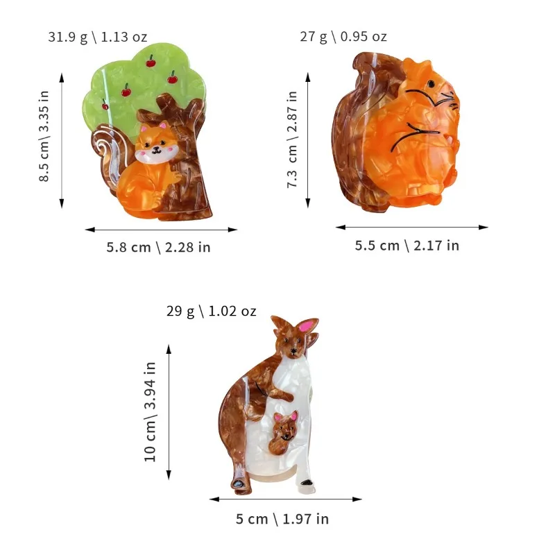 Cute Cartoon Squirrel Kangaroo Acetate Hair Claw Clip, Large Shark Clip For Back Head Updo Hairstyle. Flexible Acetate Material