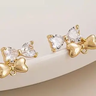 

1Pair 14K Gold-Plated Heart-Shaped Zircon Double Bow Tie Pendant Earrings 925 Silver Needle Earrings Accessories