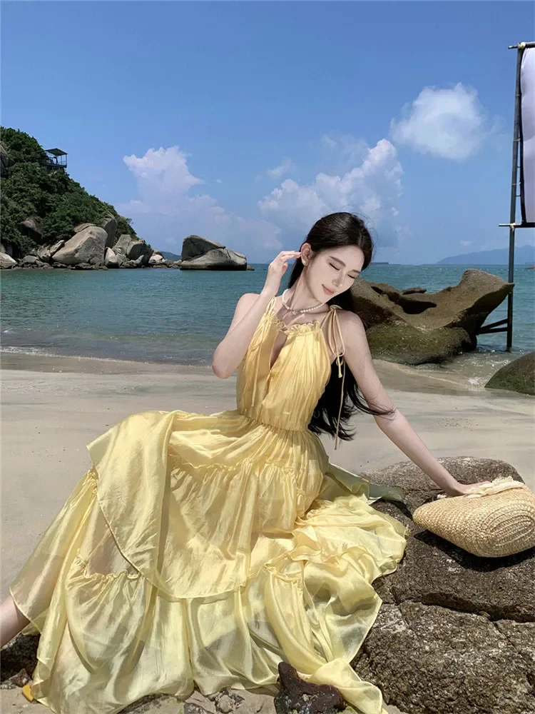 Fashion Summer Holiday Yellow Long Dress New Women Sexy Hollow Out Irregular Slip Dress Sleeveless Beach Seaside Fairy Dress